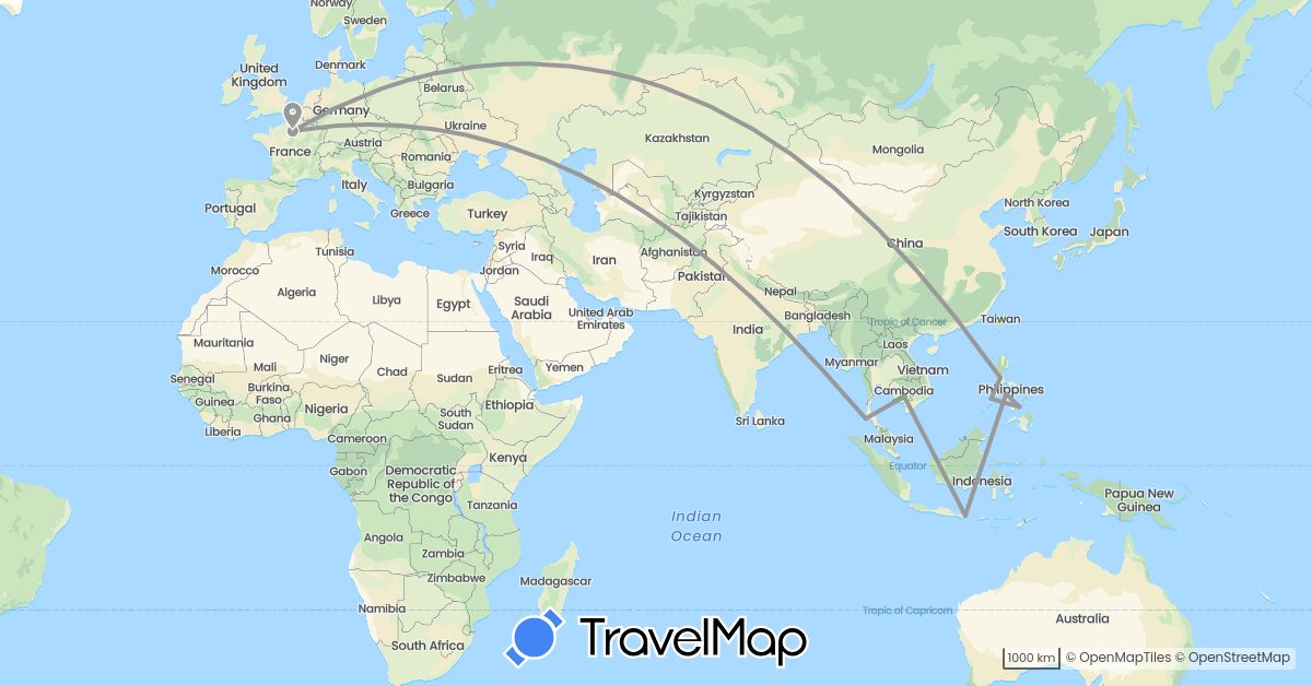 TravelMap itinerary: driving, bus, plane in France, Indonesia, Cambodia, Philippines, Thailand (Asia, Europe)